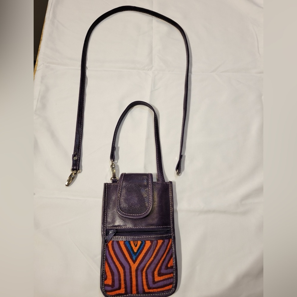 Rare Arte Kuna Colombia Unique Purple Leather Phone Crossbody Quilted Embroidery